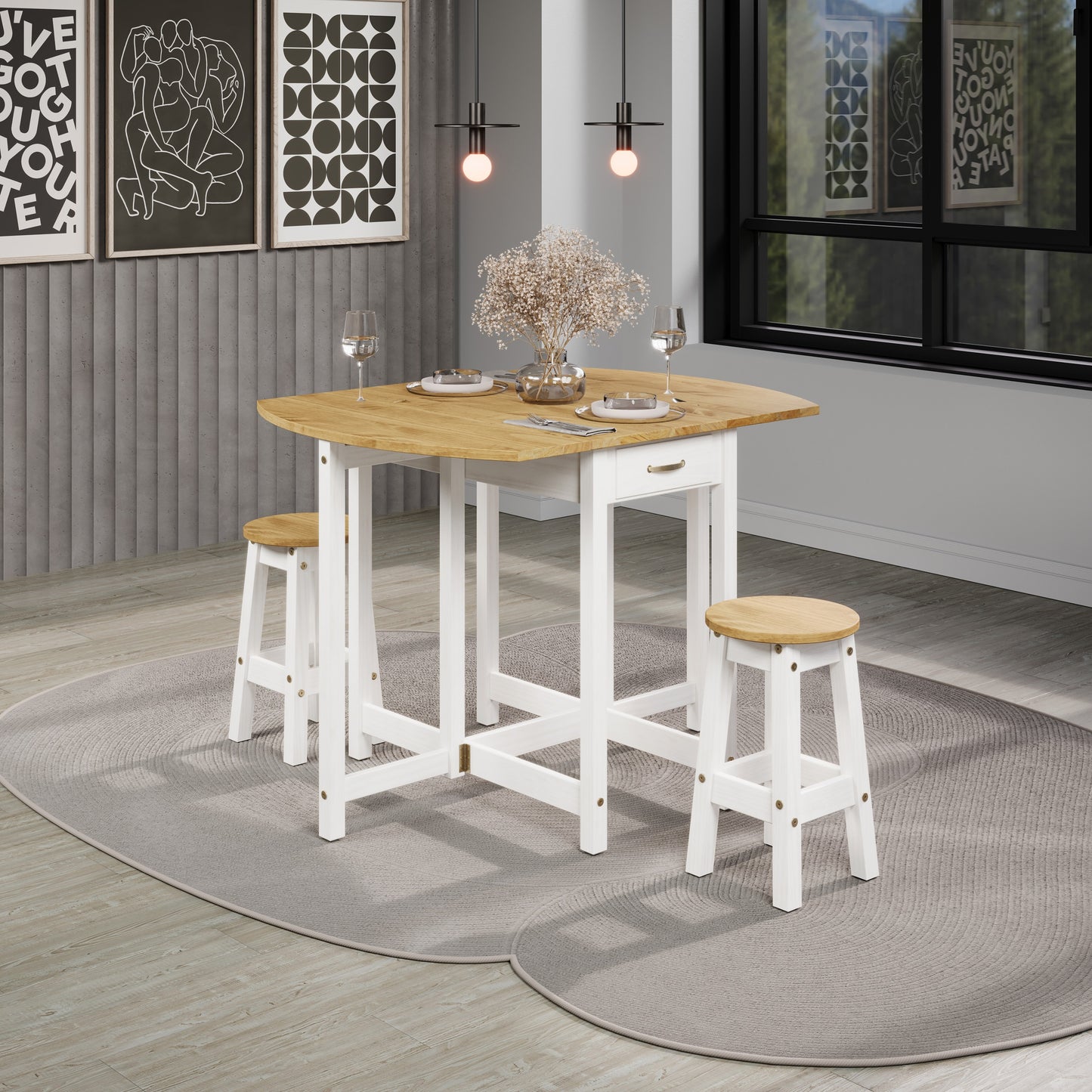 Bravo Furniture | Corona Snow Oval Breakfast Drop Leaf Gateleg Table and (pair) Stool Set