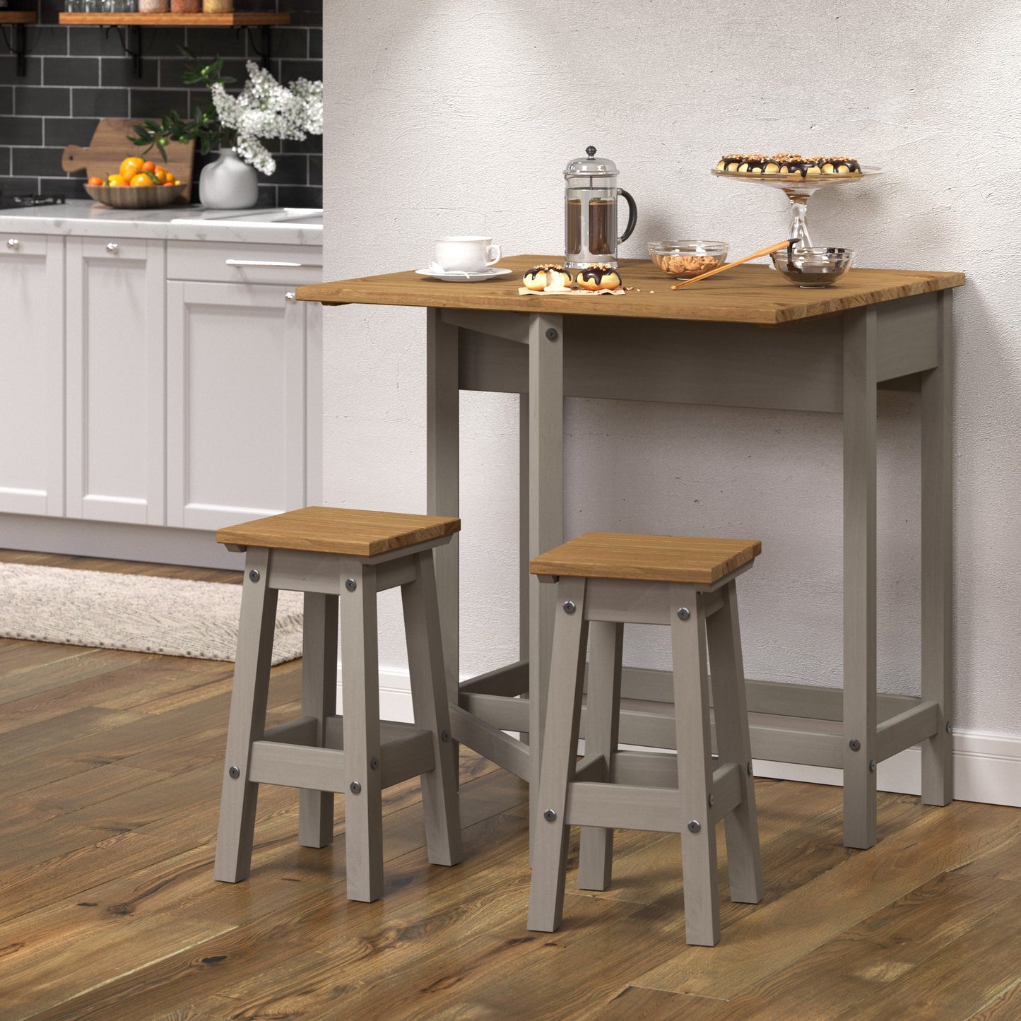 Bravo Furniture | Corona Grey Breakfast Drop Leaf Table and 2 Stool Set