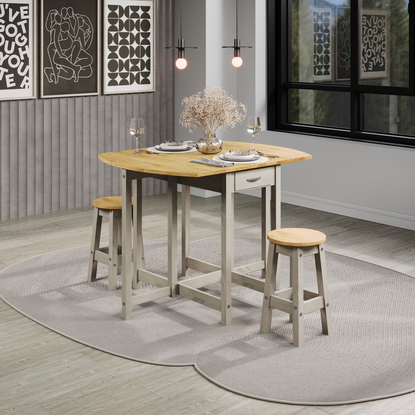 Bravo Furniture | Corona Grey Oval Breakfast Drop Leaf Gateleg Table and (pair) Stool Set