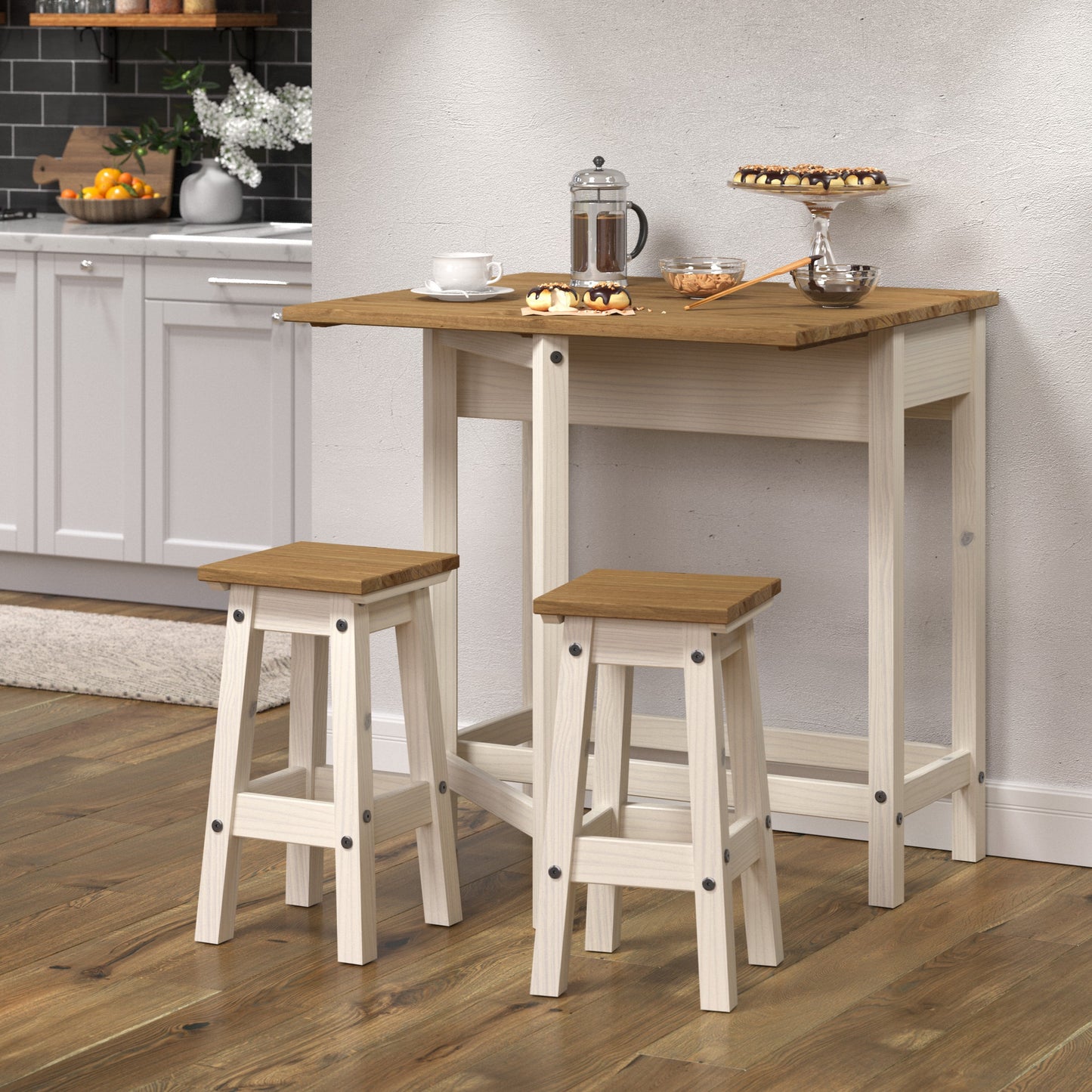 Bravo Furniture | Corona Snow Breakfast Drop Leaf Table and 2 Stool Set