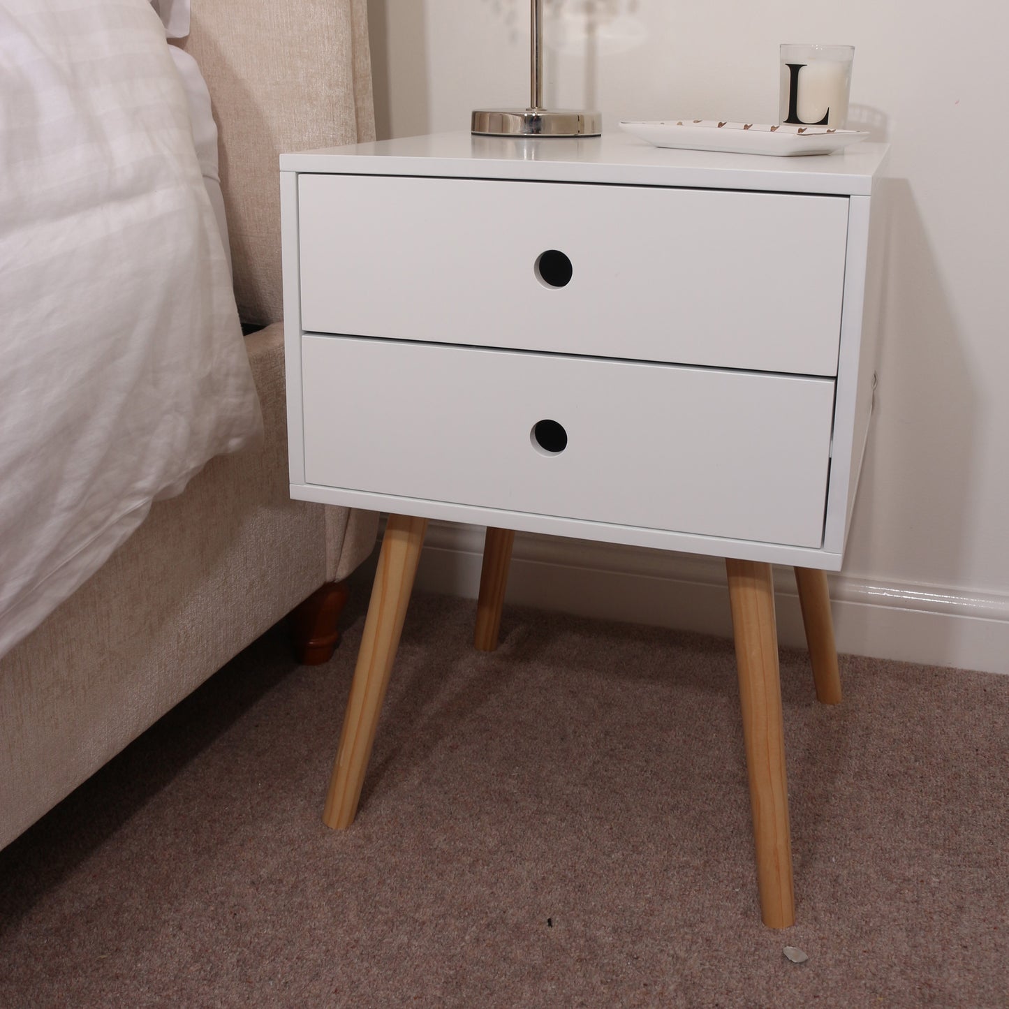 Bravo Furniture | Scandia 2 Drawers Wood Legs Bedside Cabinet White