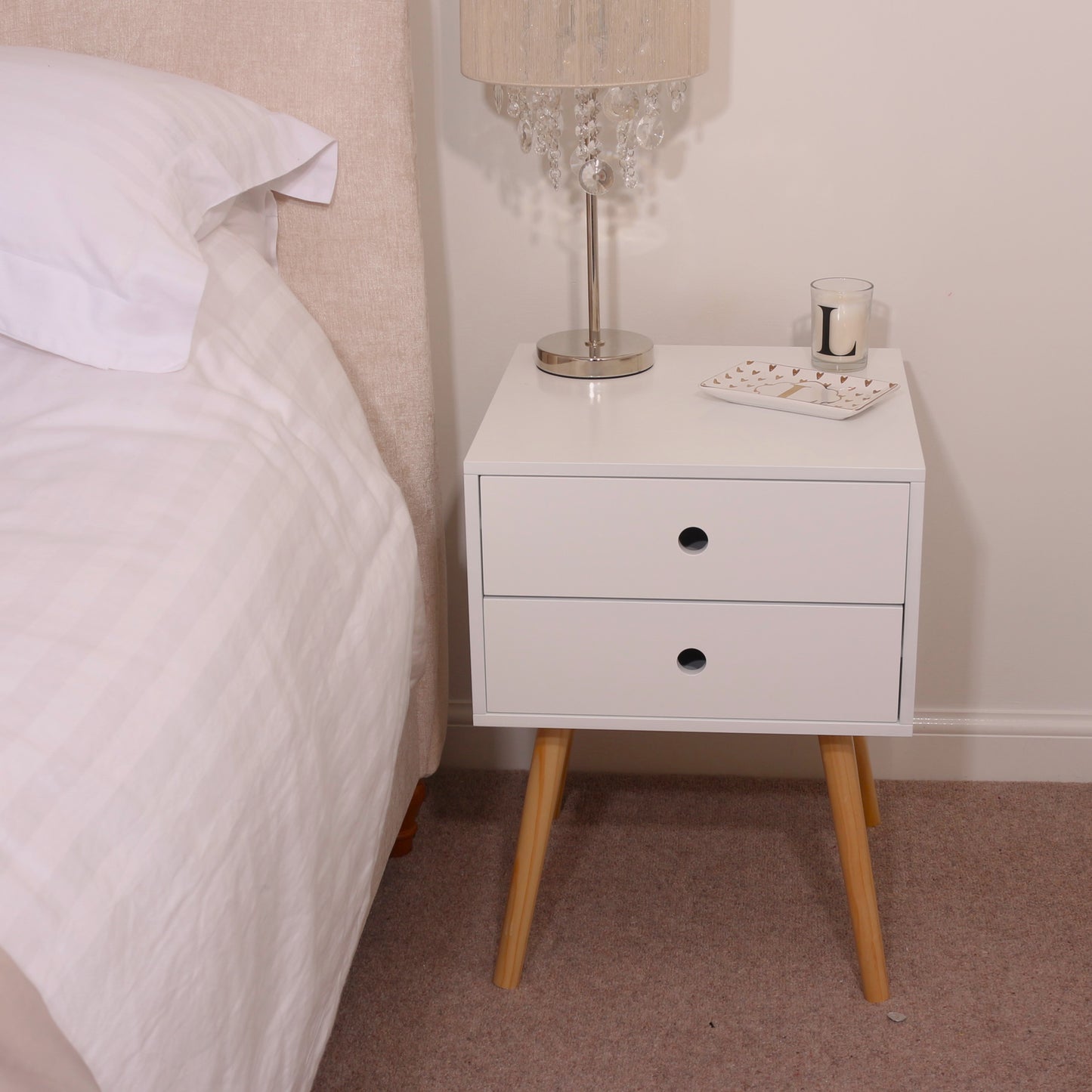 Bravo Furniture | Scandia 2 Drawers Wood Legs Bedside Cabinet White
