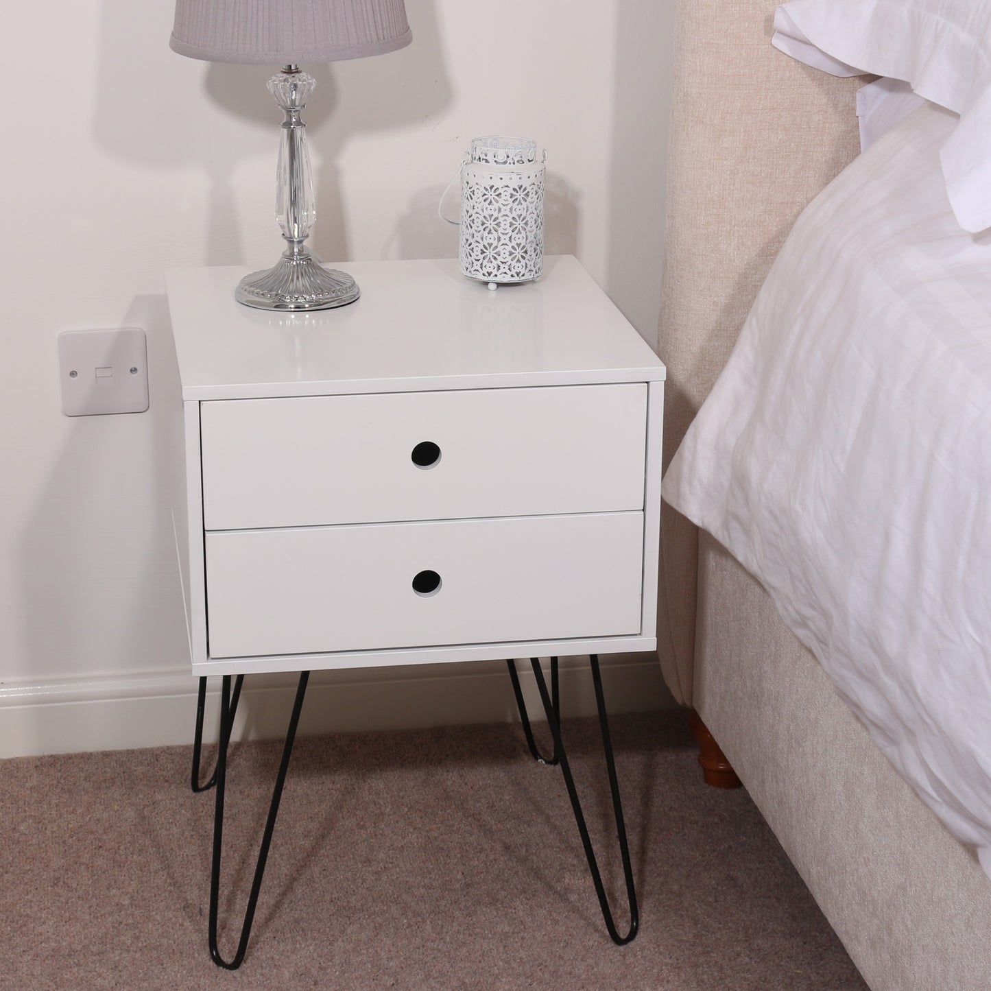Bravo Furniture | Telford 2 Drawers Bedside Cabinet With Hair Pin Legs White