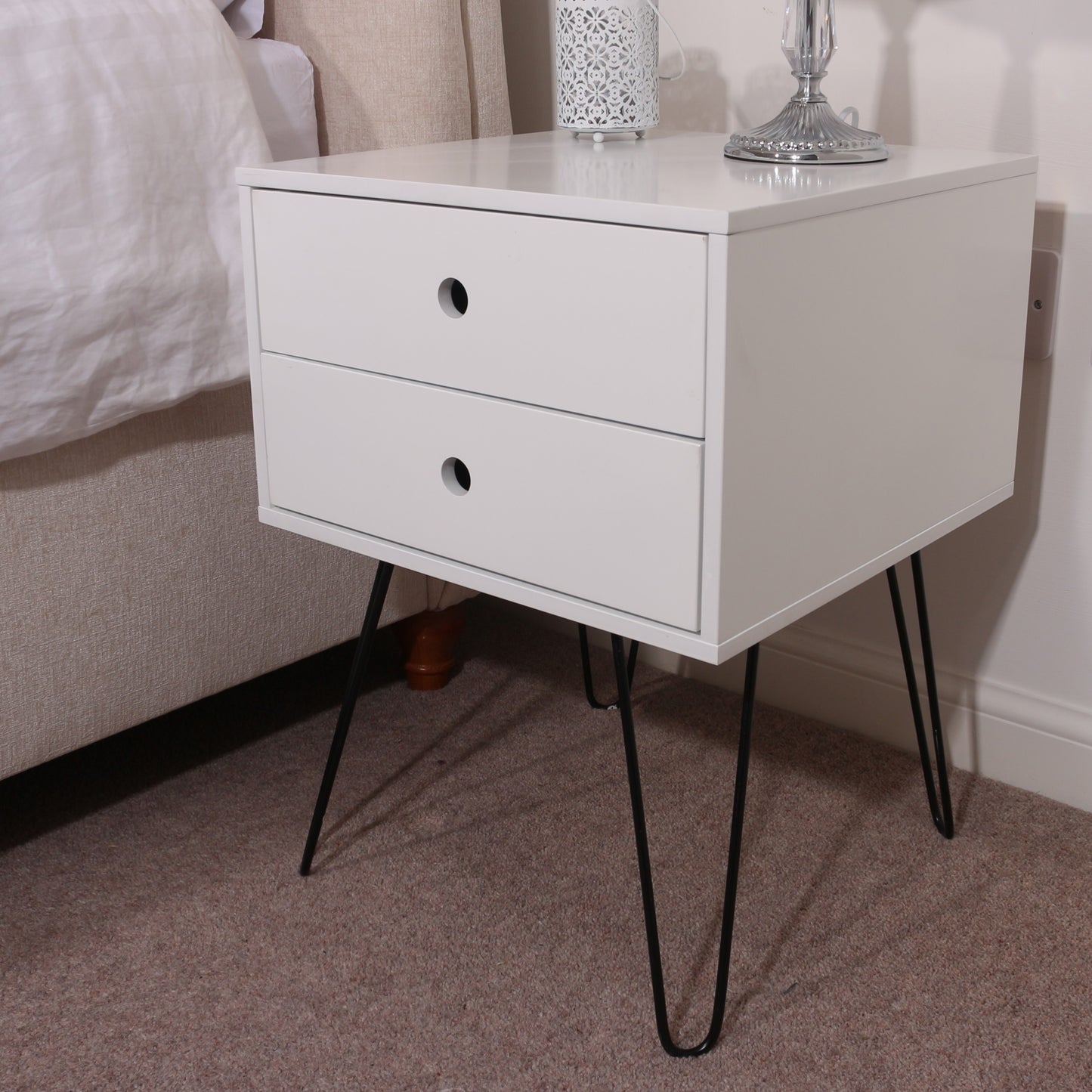 Bravo Furniture | Telford 2 Drawers Bedside Cabinet With Hair Pin Legs White
