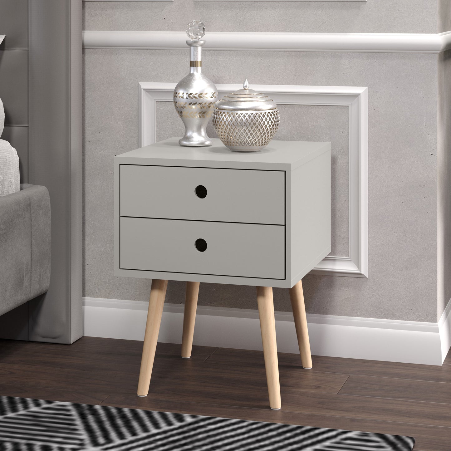 Bravo Furniture | Scandia 2 Drawers Wood Legs Bedside Cabinet Grey