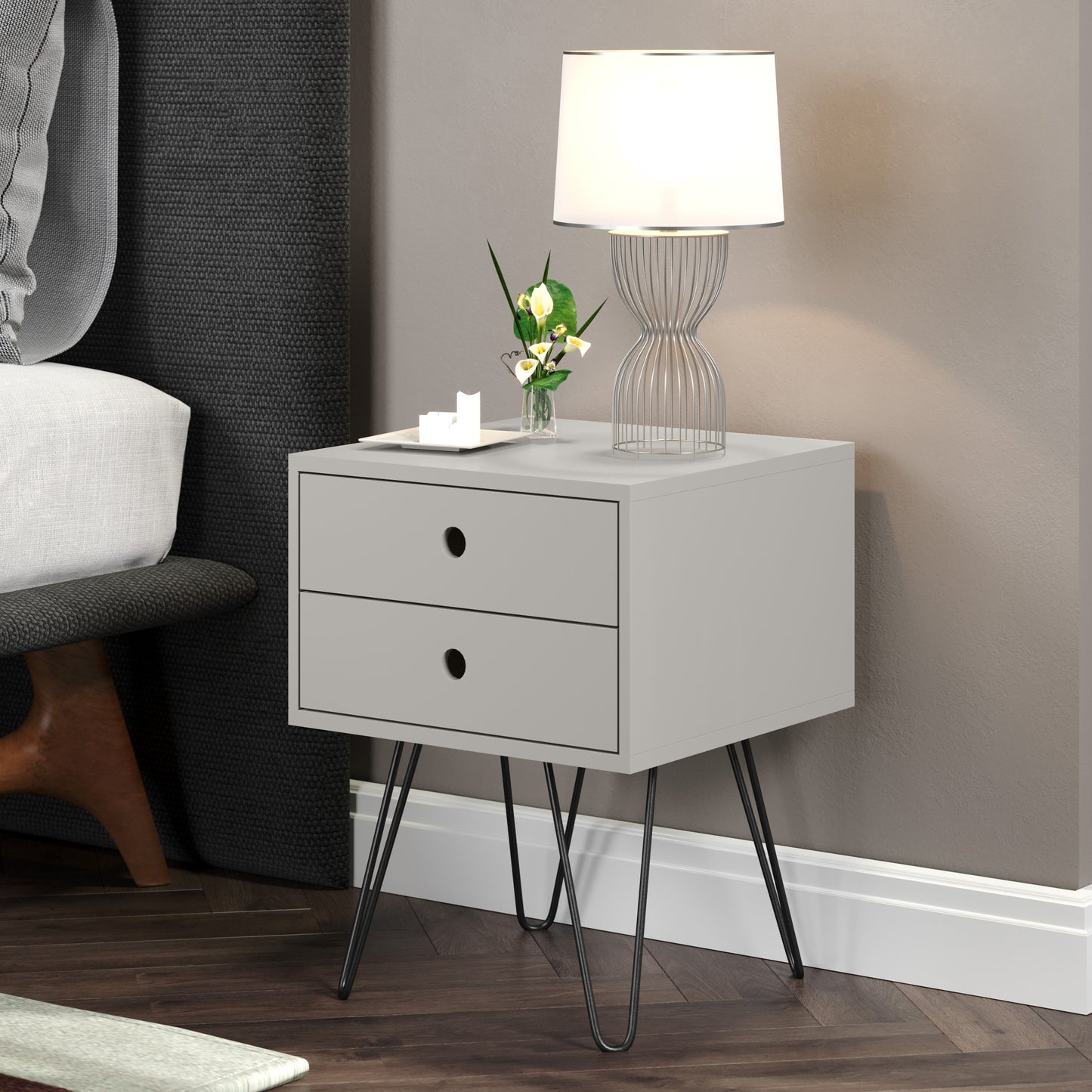 Bravo Furniture | Telford 2 Drawers Bedside Cabinet With Hair Pin Legs Grey