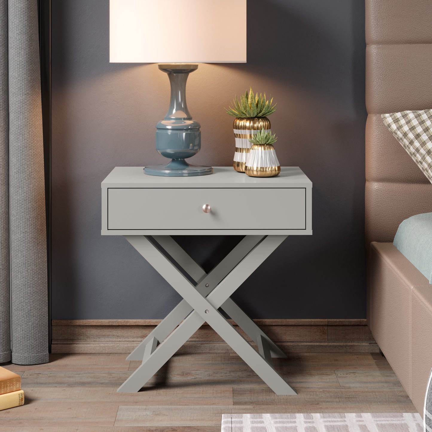 Bravo Furniture | X Leg 1 Drawer Bedside Cabinet Grey