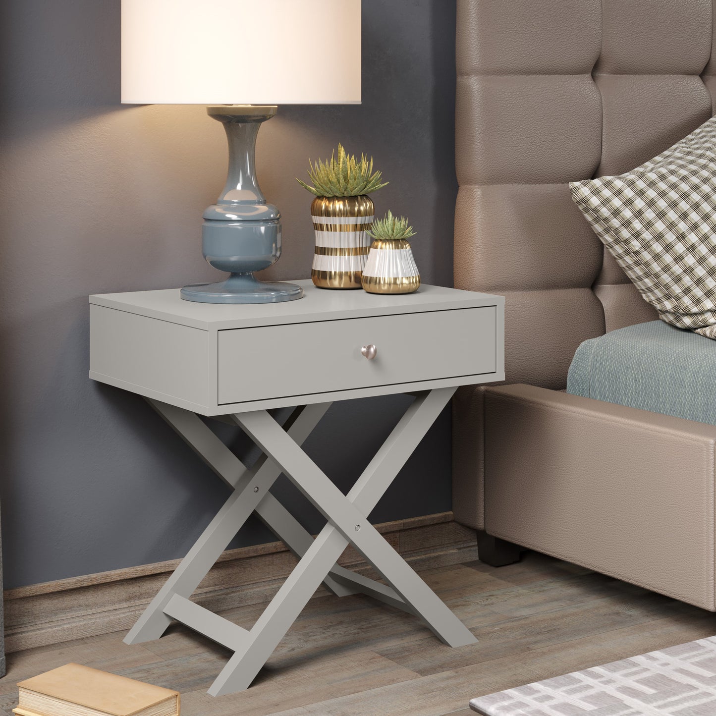 Bravo Furniture | X Leg 1 Drawer Bedside Cabinet Grey